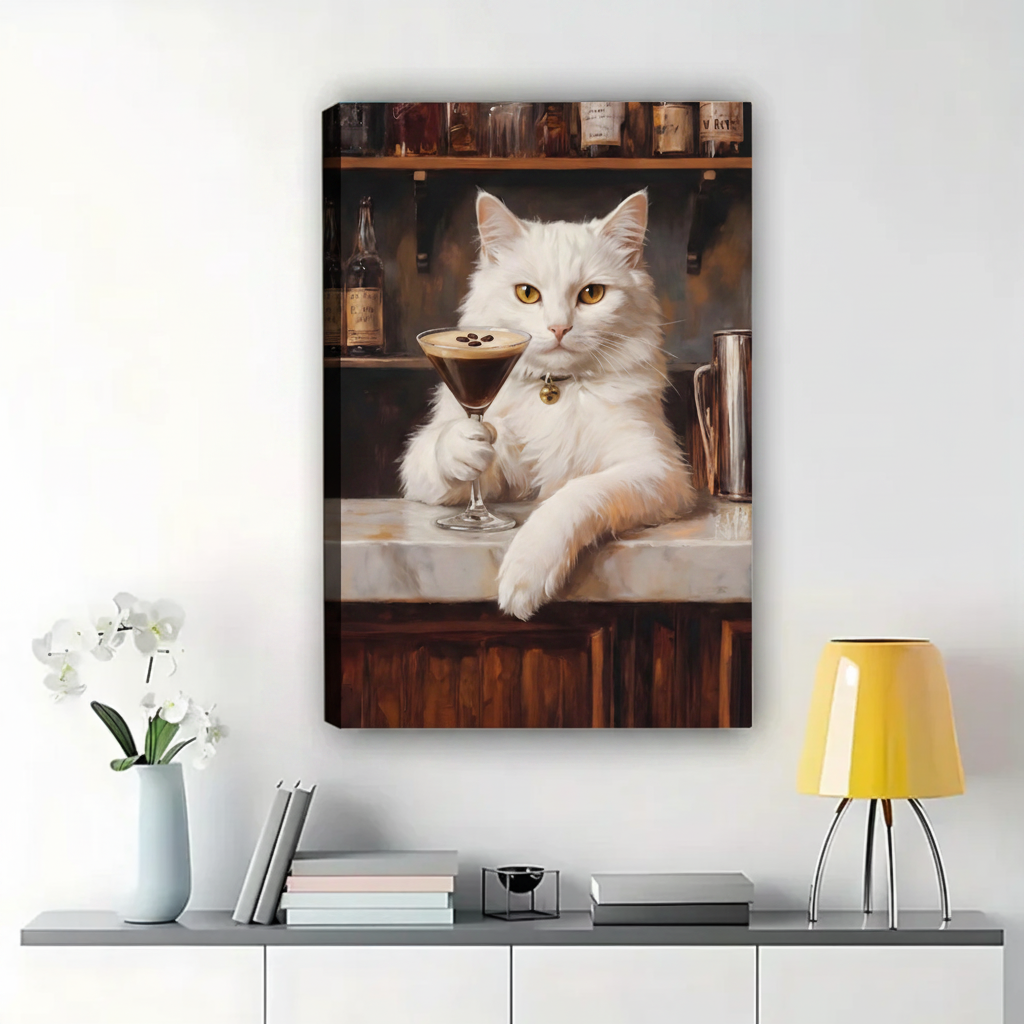 White Cat at the Bar Wall Art – Dark Luxury Cat Canvas Print on Natural Wood Frame | W2268