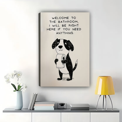 Welcome to the Bathroom Puppy – Humorous Bathroom Wall Art on Natural Wood Canvas | W909