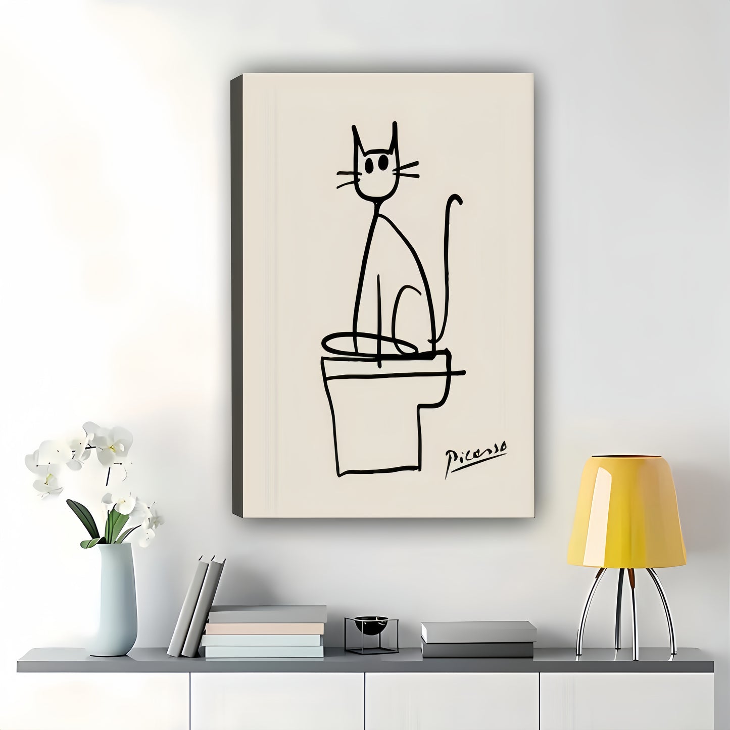 Picasso Cat on Toilet – Minimalist Bathroom Line Art Wall Art on Natural Wood Canvas | W904