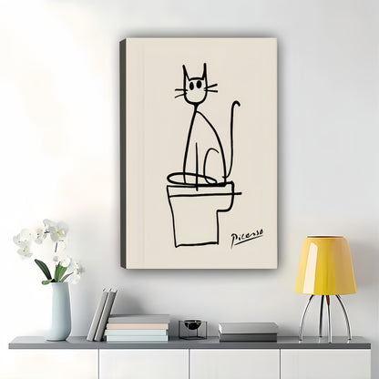 Picasso Cat on Toilet – Minimalist Bathroom Line Art Wall Art on Natural Wood Canvas | W904