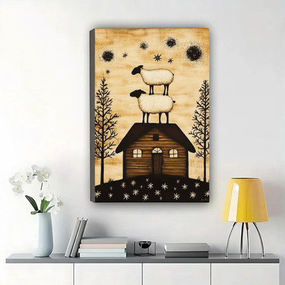Stacked Sheep on Rooftop Wall Art – Folk Art Farmhouse Canvas Print on Natural Wood Frame | W2122