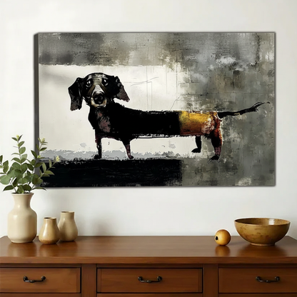 Dachshund Portrait Wall Art – Dark Abstract Mixed Media Oil Painting Canvas Print on Natural Wood Frame | W2241
