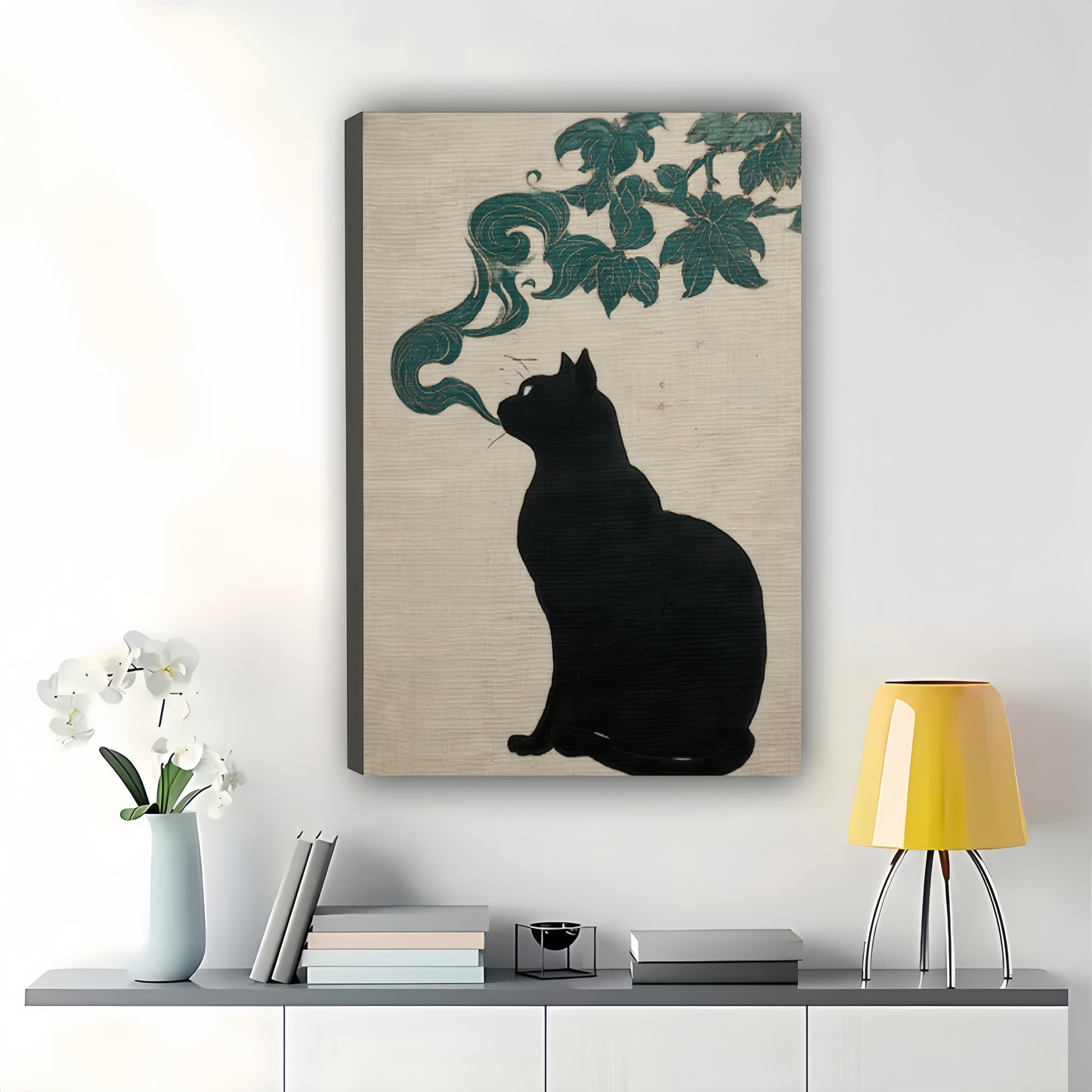 Smoking Black Cat – Japanese Ink Style Wall Art on Natural Wood Canvas | W876