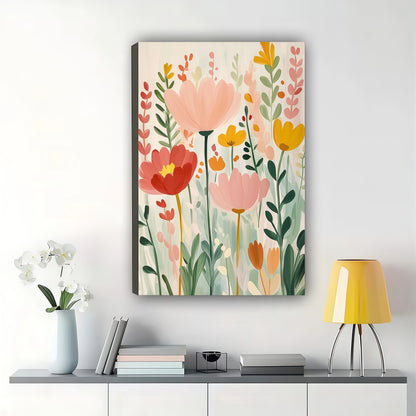 Watercolor Style Colorful Floral Bouquet – Minimalist Fresh Wall Art on Natural Wood Canvas | W749