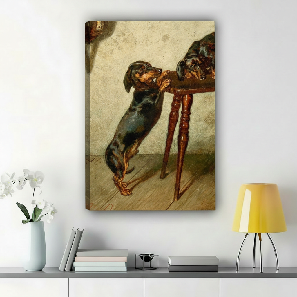 Dachshund Pair Under Chair – Vintage Oil Painting Style Dog Wall Art on Natural Wood Canvas | W987