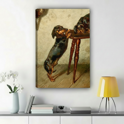 Dachshund Pair Under Chair – Vintage Oil Painting Style Dog Wall Art on Natural Wood Canvas | W987