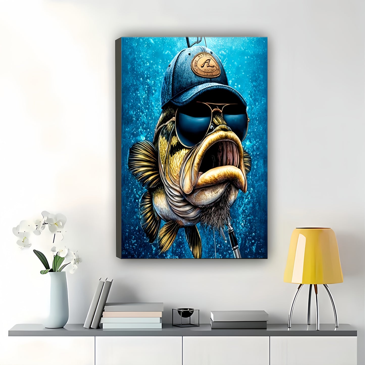 Sunglasses-Wearing Big-Mouth Fish – Retro Quirky Wall Art on Natural Wood Canvas | W700