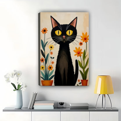 Black Cat with Sunflowers – Vibrant Floral Garden Flag Wall Art on Natural Wood Canvas | W2004