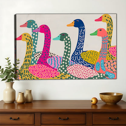 The Colorful Geometric Duck Flock – Pop Art Vibrant Wall Art on Natural Wood Canvas | W672
