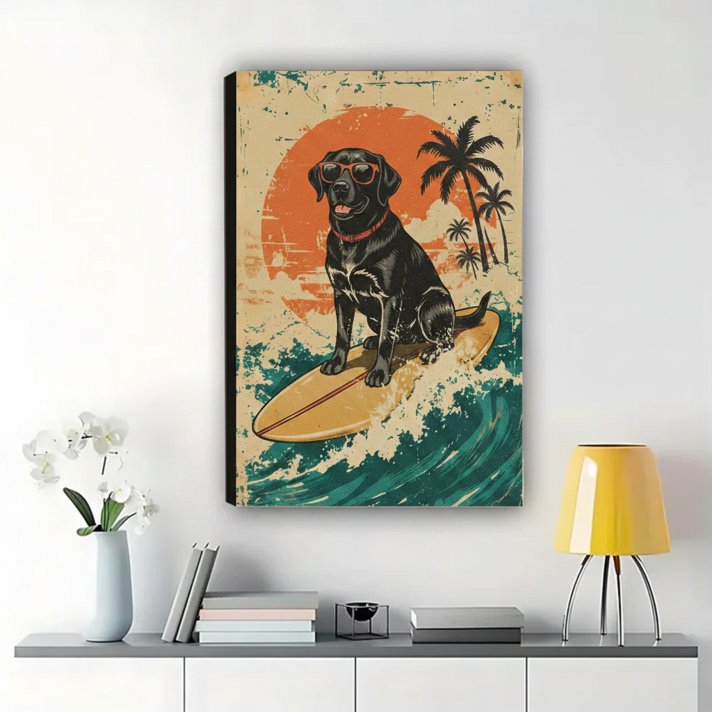 Surfing Black Labrador Wall Art – Retro Vintage Dog Canvas Print on Natural Wood Frame | W2244