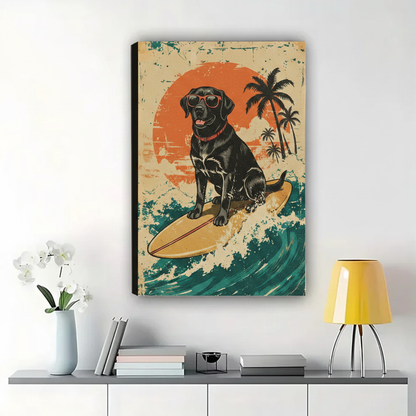 Surfing Black Labrador Wall Art – Retro Vintage Dog Canvas Print on Natural Wood Frame | W2244