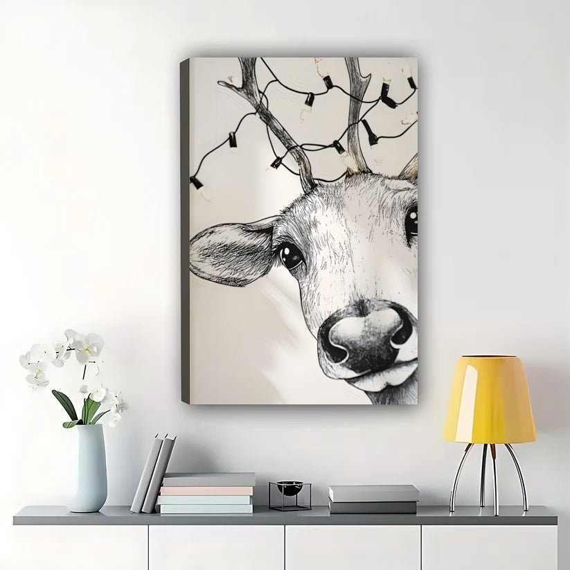 Deer Head Close-Up – Minimalist Black & White Wildlife Wall Art on Natural Wood Canvas | W2050