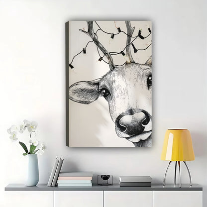 Deer Head Close-Up – Minimalist Black & White Wildlife Wall Art on Natural Wood Canvas | W2050