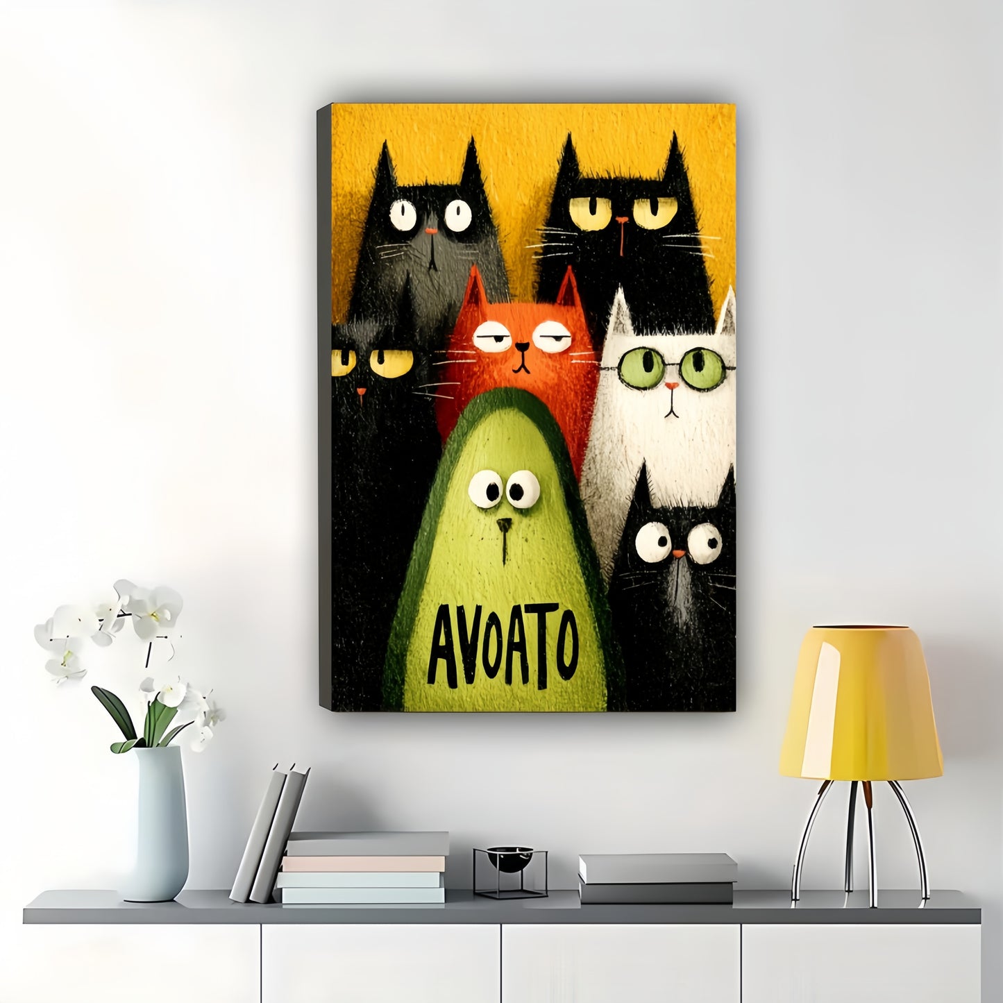 AVOATO Cats & Avocado – Funny Food Cat Wall Art on Natural Wood Canvas | W957