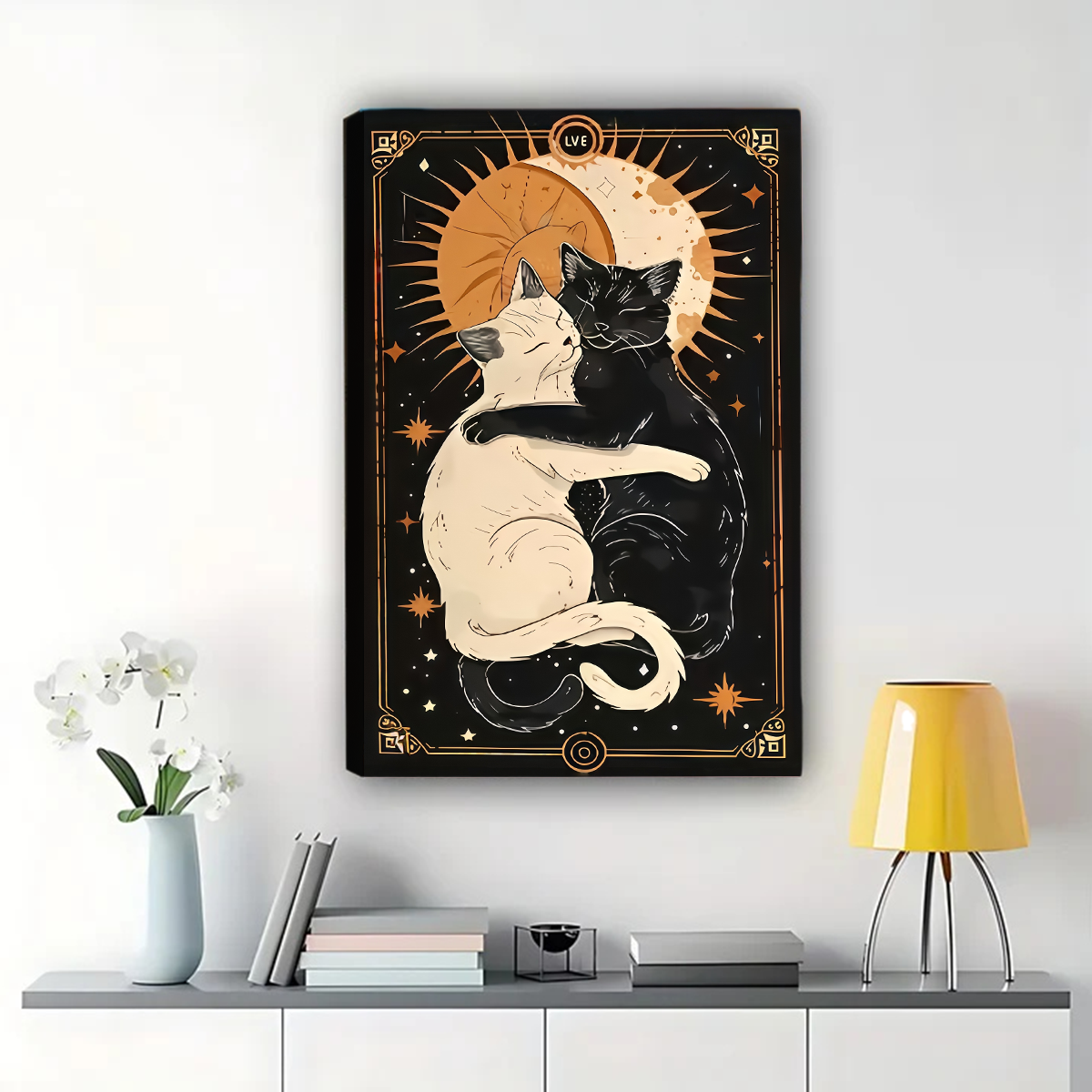 Yin Yang Cats Art Print - Sun Moon Celestial Wall Decor|W1104