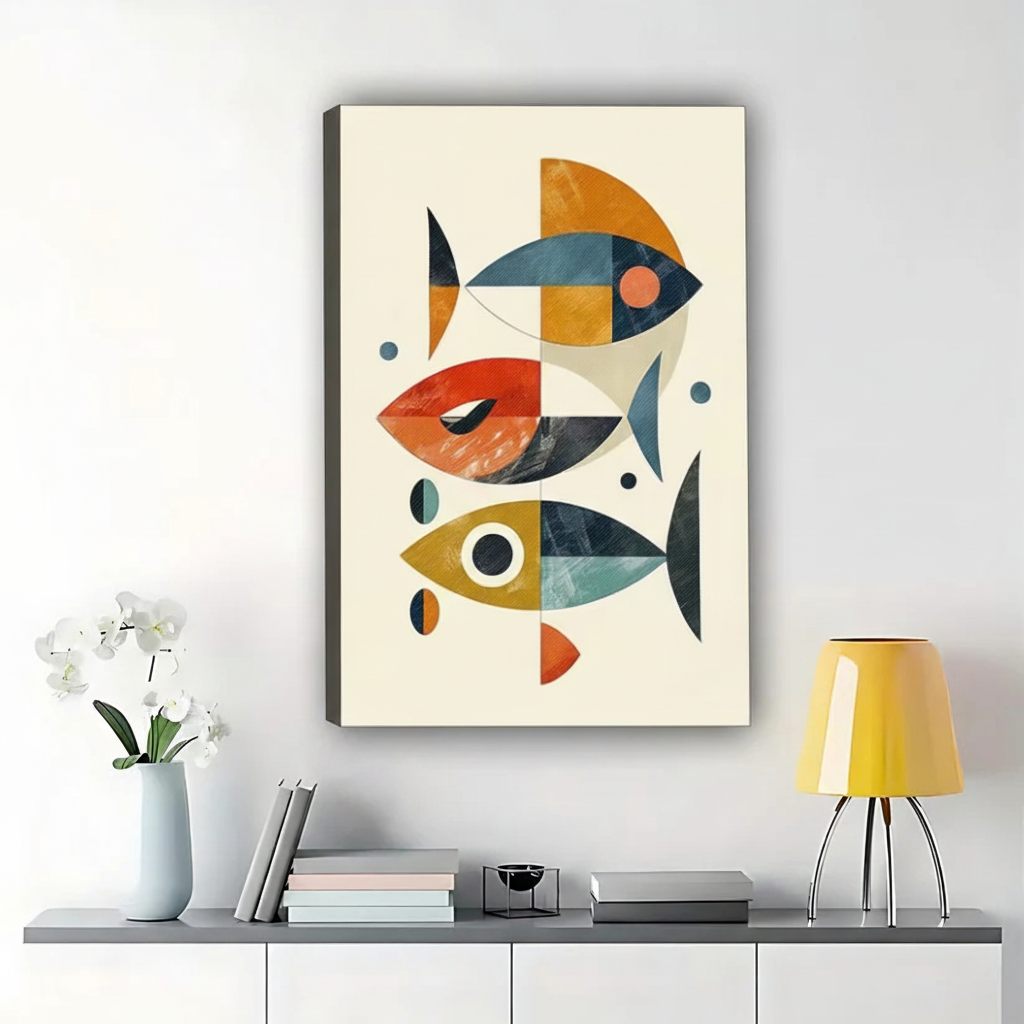 The Geometric Fish School – Minimalist Modern Wall Art on Natural Wood Canvas | W624