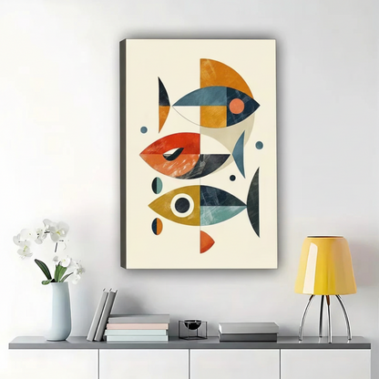 The Geometric Fish School – Minimalist Modern Wall Art on Natural Wood Canvas | W624