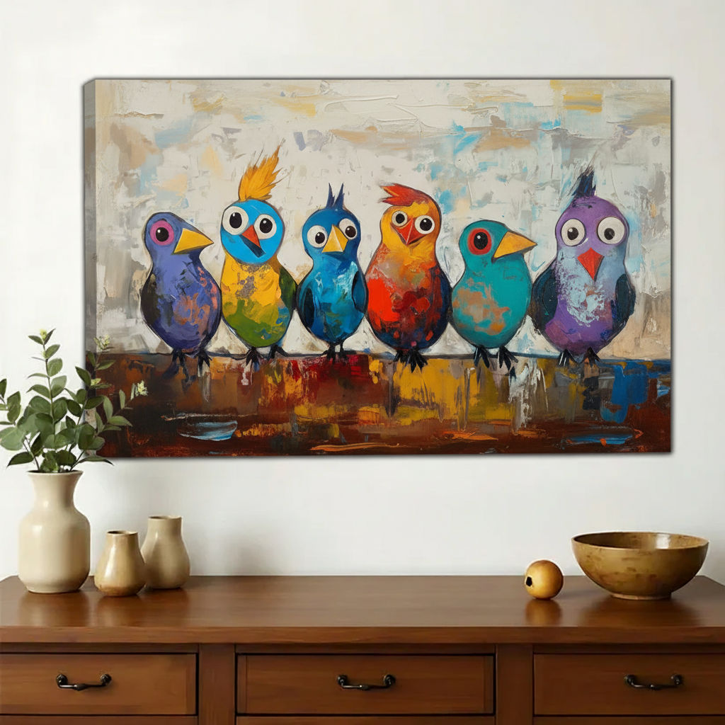 Six Colourful Birds on a Perch Wall Art – Bold Impasto Bird Canvas Print on Natural Wood Frame | W2292