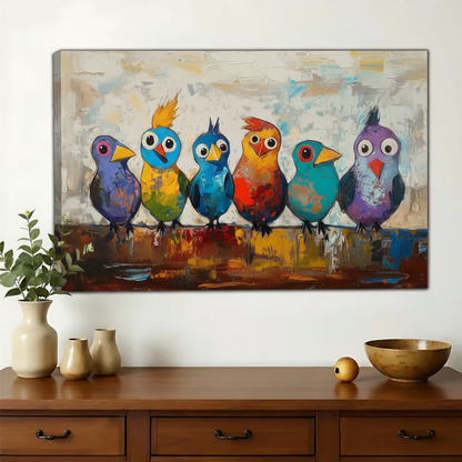 Six Colourful Birds on a Perch Wall Art – Bold Impasto Bird Canvas Print on Natural Wood Frame | W2292