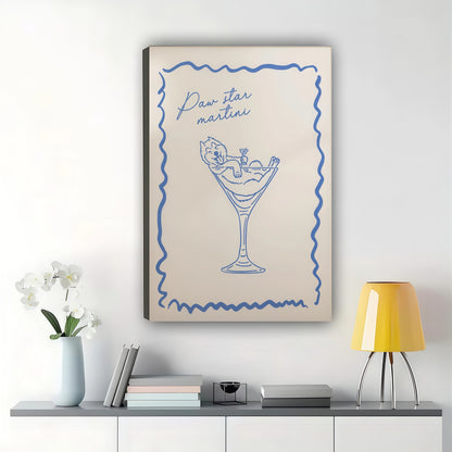 Prosecco Martini Hand Drawn – Minimalist Cocktail Bar Wall Art on Natural Wood Canvas | W2034