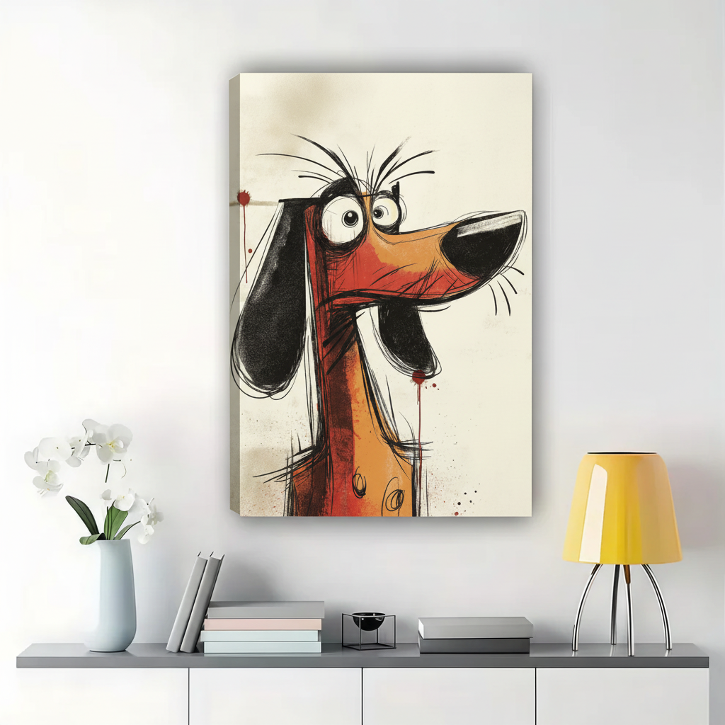 Grumpy Dachshund Sketch Wall Art – Expressive Cartoon Dog Canvas Print on Natural Wood Frame | W2325