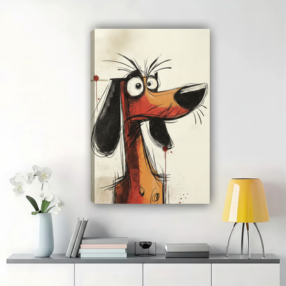 Grumpy Dachshund Sketch Wall Art – Expressive Cartoon Dog Canvas Print on Natural Wood Frame | W2325