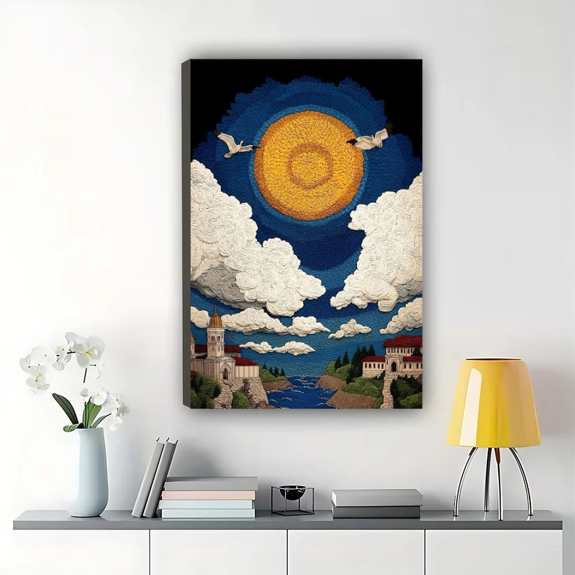 The Starry Sky Village – Van Gogh-Inspired Dreamy Wall Art on Natural Wood Canvas | W640