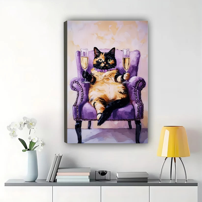 Luxury Chonky Cat on Purple Armchair – Whimsical Pet Wall Art on Natural Wood Canvas | W722