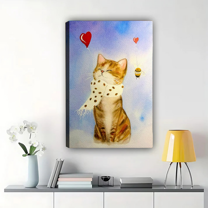 Cat with Heart Balloons Watercolor Art - Whimsical Bee and Kitten Print|W1155