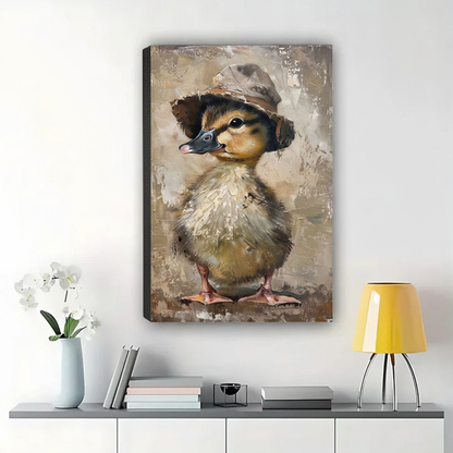 Duckling in a Bucket Hat Wall Art – Vintage Textured Animal Canvas Print on Natural Wood Frame | W2142