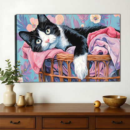 Chonky Cat Lounging in Laundry Basket – Cozy Floral Background Wall Art on Natural Wood Canvas | W745