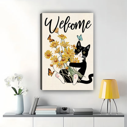 “Welcome” Black & White Cat with Sunflowers – Cheerful Garden Wall Art on Natural Wood Canvas | W764