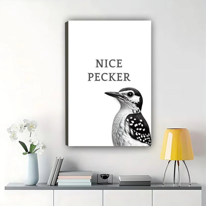 NICE PECKER  Woodpecker – Humorous Minimalist Wall Art on Natural Wood Canvas | W885