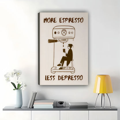 More Espresso Less Depresso Coffee Lover – Humorous Retro Wall Art on Natural Wood Canvas | W973