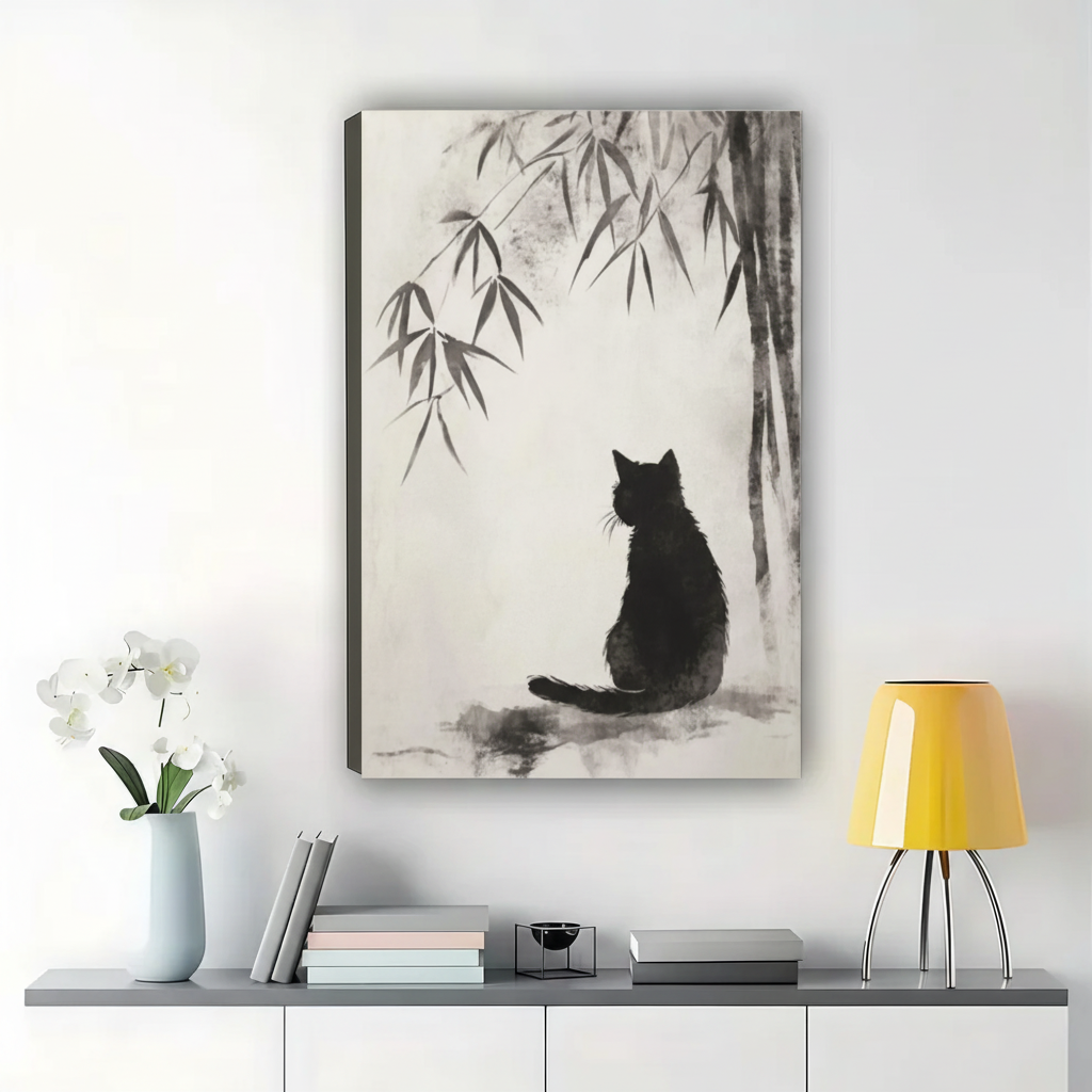 Black Cat in Bamboo Grove Wall Art – Zen Ink Wash Canvas Print on Natural Wood Frame | W2317