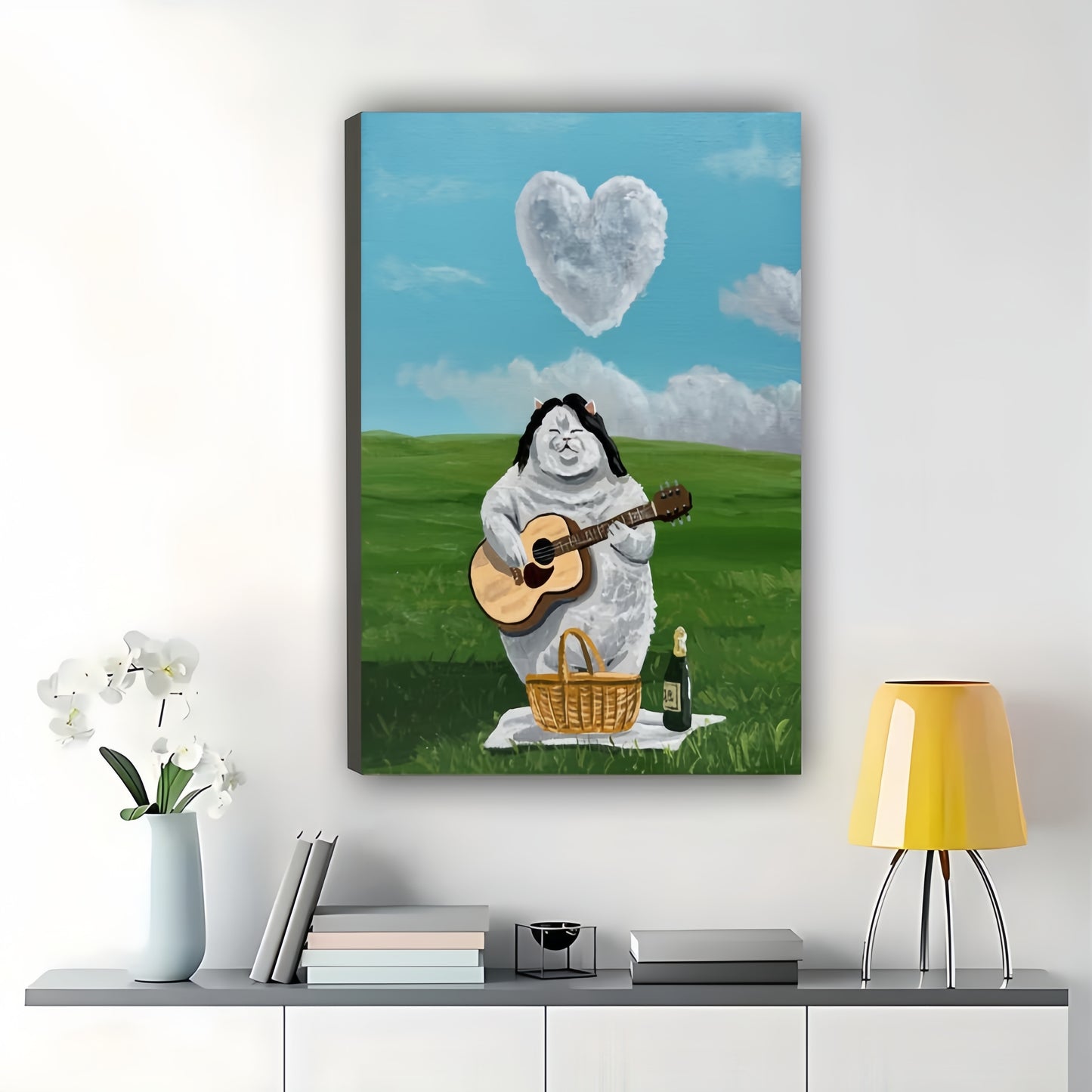 The Chubby Angel Playing Guitar – Whimsical Pastoral Wall Art on Natural Wood Canvas | W634