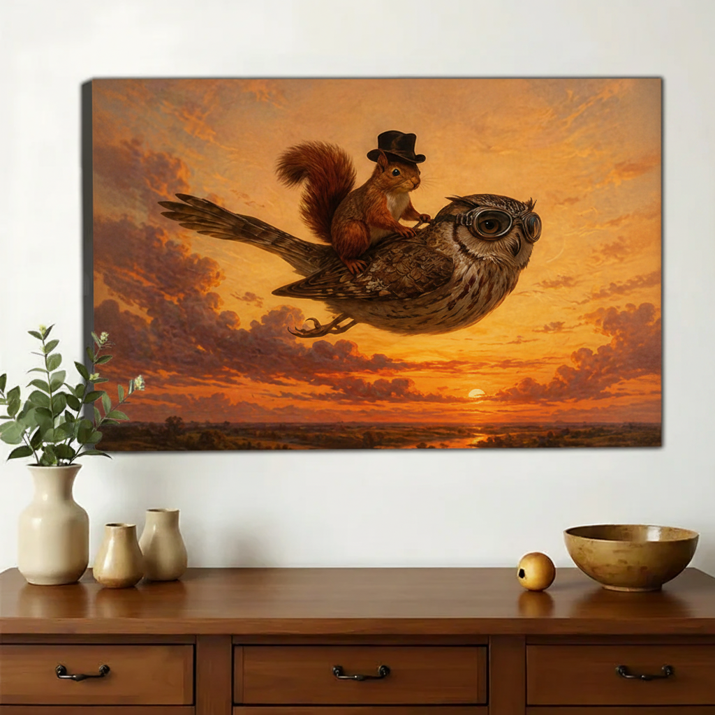 Whimsical Flying Owl & Squirrel Wall Art – Fantasy Sunset Animal Canvas Print on Natural Wood Frame | W2213