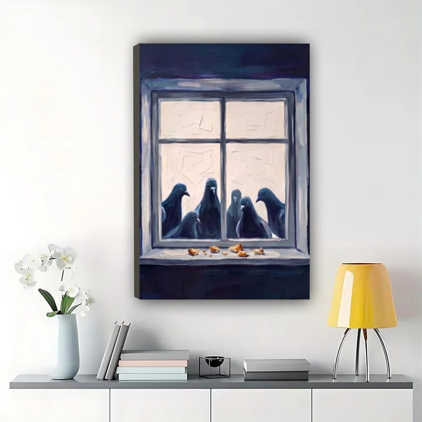 Pigeons at the Window Wall Art – Cozy Moody Bird Canvas Print on Natural Wood Frame | W2240