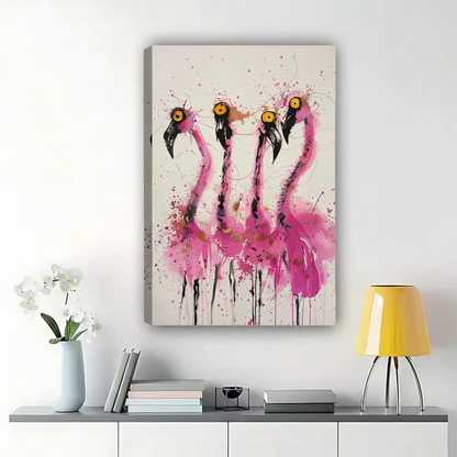 Four Wild Flamingos Wall Art – Expressive Ink Splatter Canvas Print on Natural Wood Frame | W2197