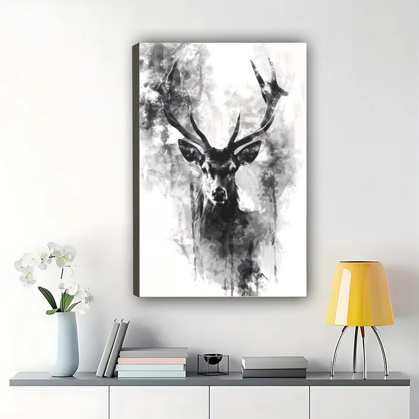 Ink Wash Stag Head Wall Art – Abstract Black & White Deer Canvas Print on Natural Wood Frame | W2080
