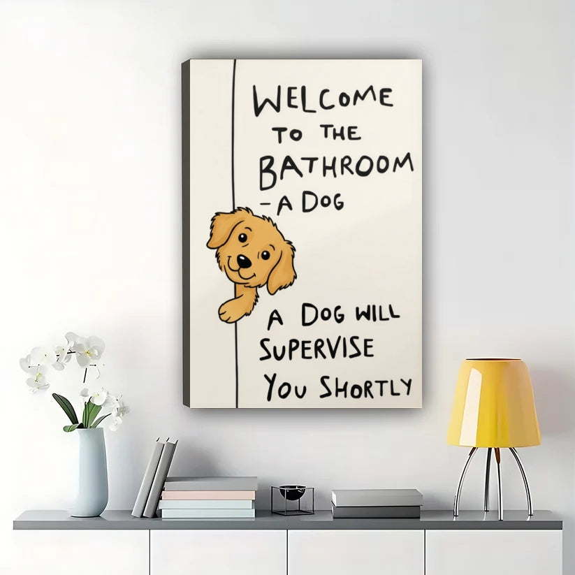 Welcome to the Bathroom Golden Retriever – Humorous Bathroom Wall Art on Natural Wood Canvas | W850