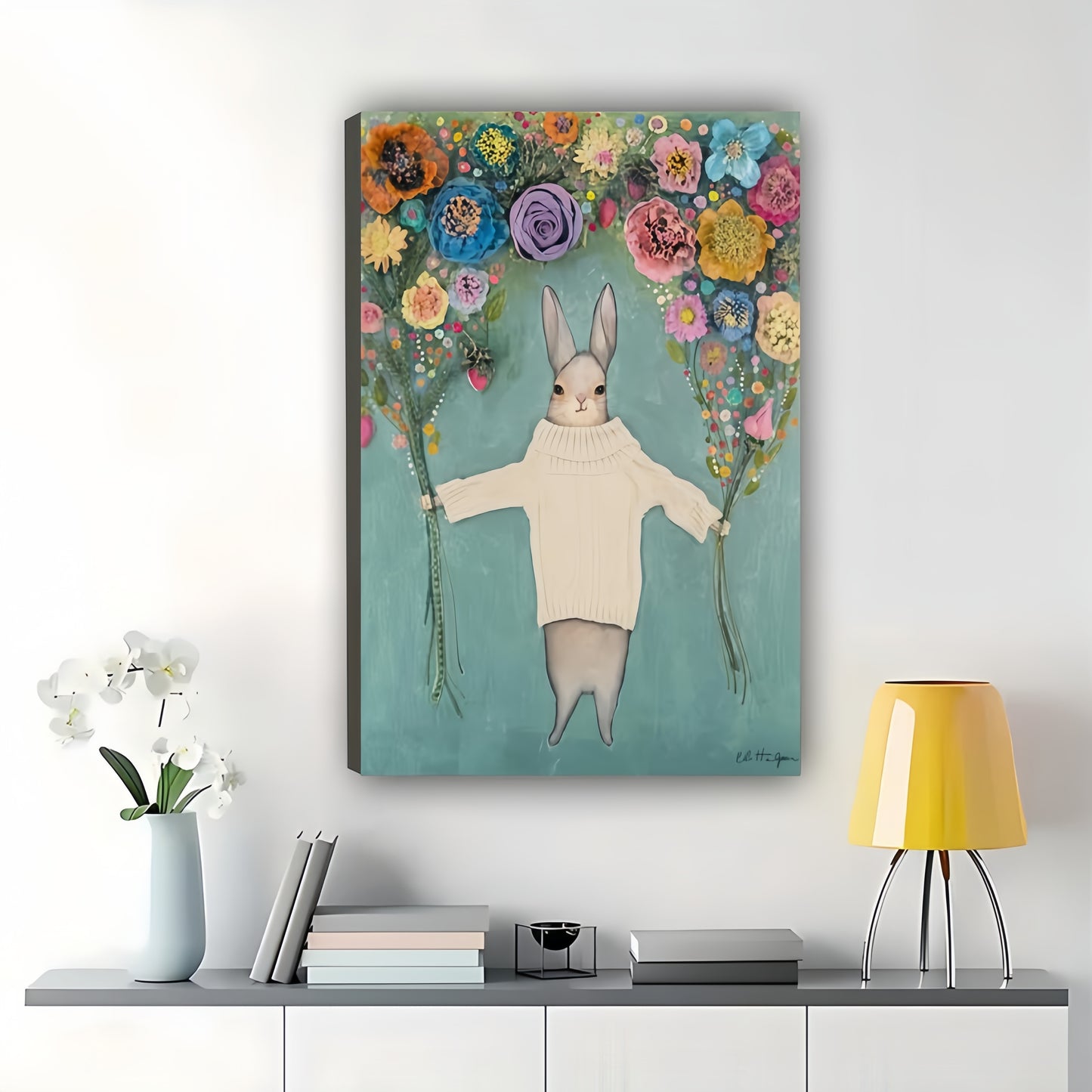 The Flower-Bouquet Rabbit – Gentle Whimsical Wall Art on Natural Wood Canvas | W679