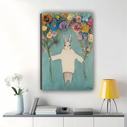 The Flower-Bouquet Rabbit – Gentle Whimsical Wall Art on Natural Wood Canvas | W679