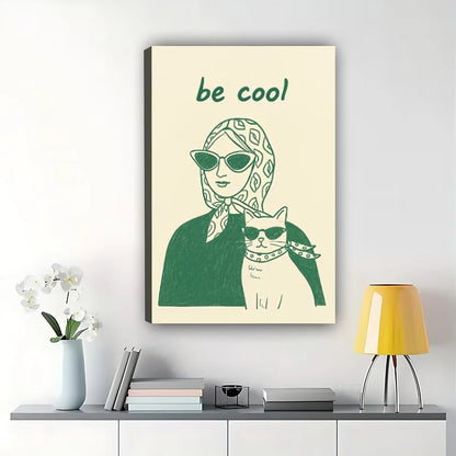 Be Cool Woman & Cat – Retro Cool Cat & Owner Wall Art on Natural Wood Canvas | W2063