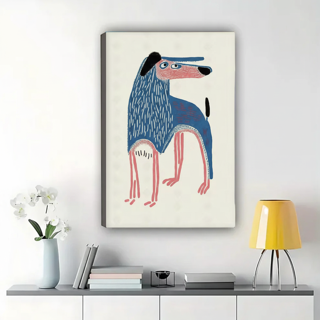 Quirky Blue Long-Legged Dog Wall Art – Outsider Art Illustration Canvas Print on Natural Wood Frame | W2219