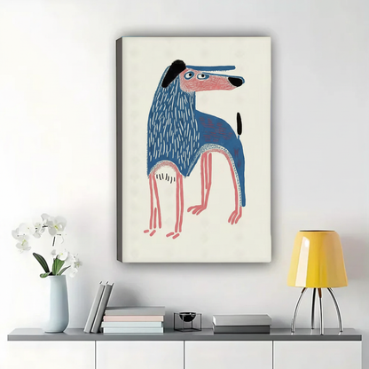 Quirky Blue Long-Legged Dog Wall Art – Outsider Art Illustration Canvas Print on Natural Wood Frame | W2219