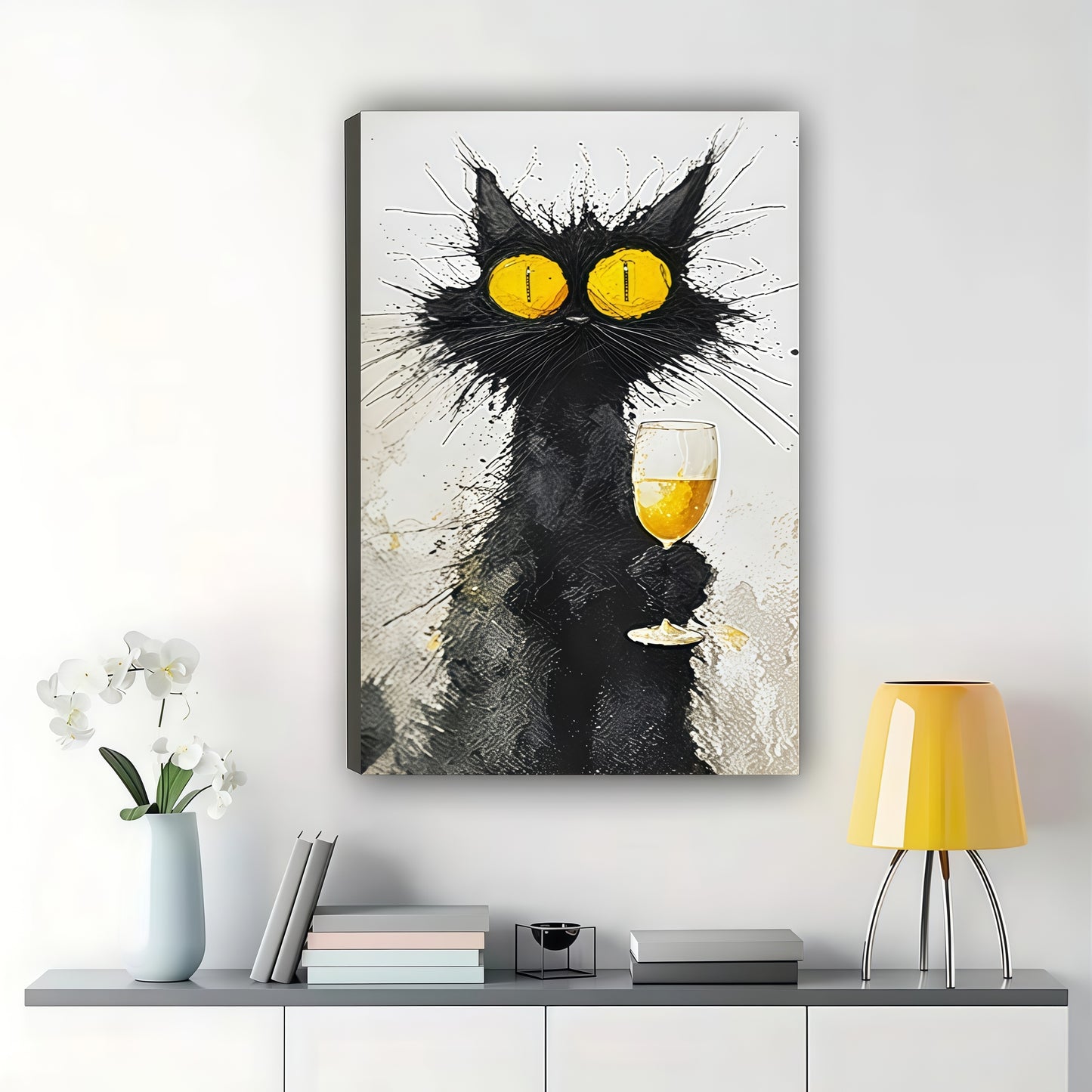 Black Cat with Champagne Glass – Whimsical Retro Wall Art on Natural Wood Canvas | W924