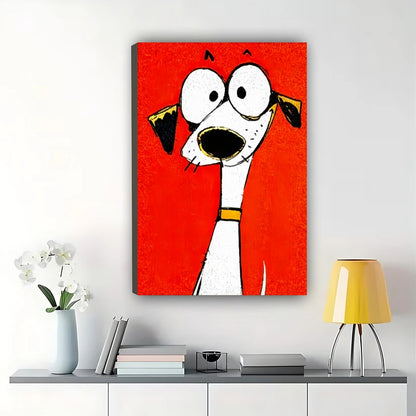 Mini Cartoon Dog in Tiny Gold Frame – Playful Tiny Wall Art on Natural Wood Canvas | W729