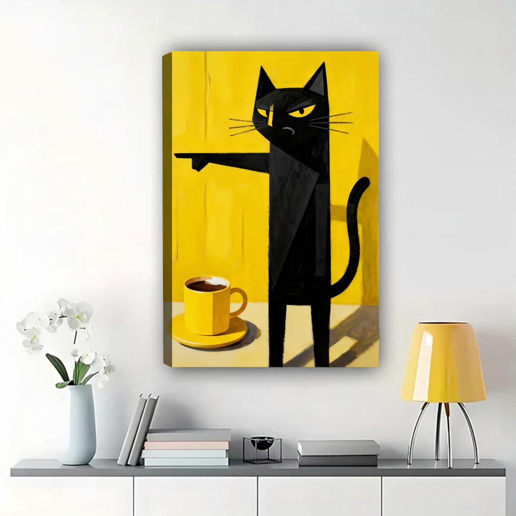 Grumpy Black Cat with Coffee Wall Art - Funny Cat Canvas Print|W1334