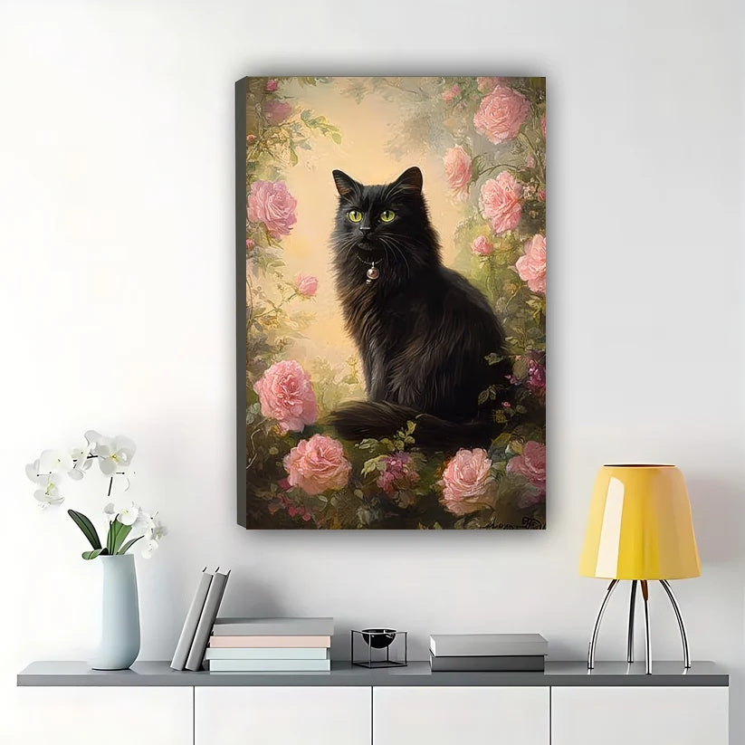 Black Cat in Pink Rose Garden – Realistic Floral Oil Painting Wall Art on Natural Wood Canvas | W800